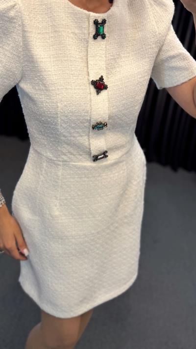 MARKA MODEL TAŞ DETAYLI TÜVİT ELBİSE EKRU