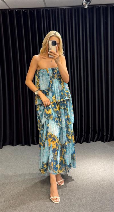 MARKA MODEL ZR KATLI STRAPLEZ ŞİFON ELBİSE MAVİ