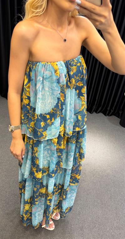 MARKA MODEL ZR KATLI STRAPLEZ ŞİFON ELBİSE MAVİ