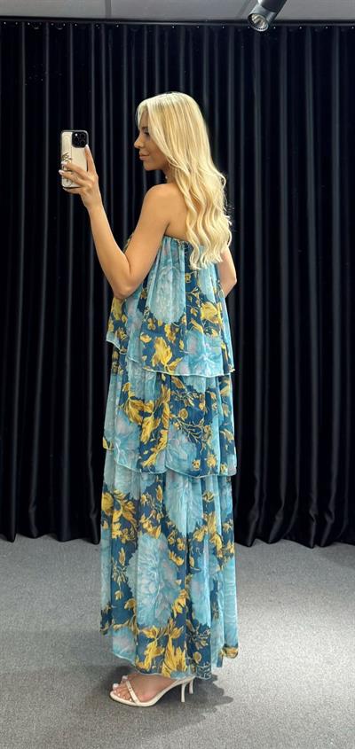 MARKA MODEL ZR KATLI STRAPLEZ ŞİFON ELBİSE MAVİ