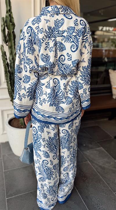 MAVİ DESENLİ PANTOLON GÖMLEK SATEN TAKIM