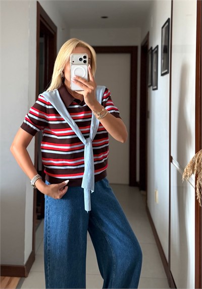 MAVİ FULARLI KAHVE ÇİZGİLİ  POLO YAKA TRİKO