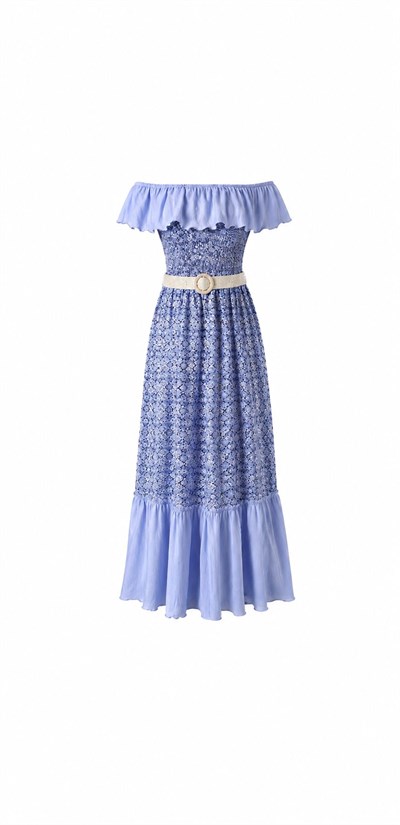 MAVİ KEMERLİ MADONNA YAKA ELBİSE