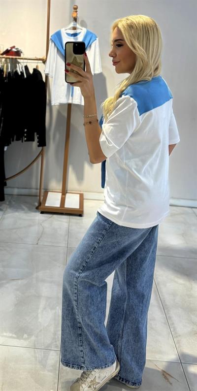 MAVİ ŞAL BAĞLAMALI BEYAZ TSHİRT