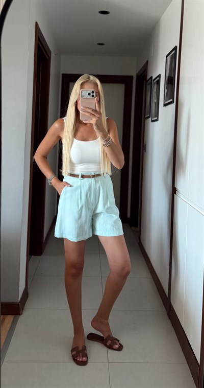 MİNT YEŞİLİ MASSİ BELİ LASTİKLİ KEMERLİ TENSEL ŞORT