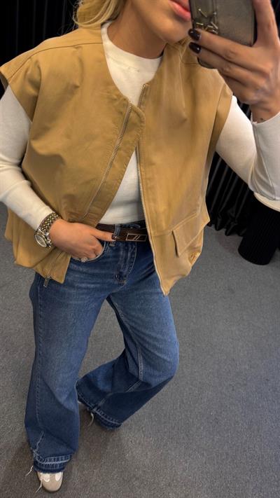 MUADİL CEPLİ FERMUARLI BOMBER YELEK BEJ