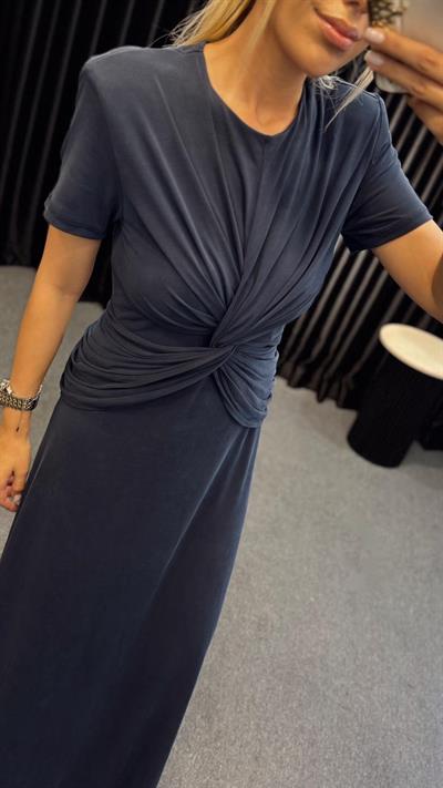 ÖNÜ DÜĞÜMLÜ VATKALI MODAL ELBİSE LACİVERT