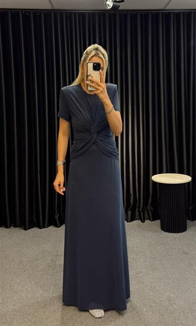 ÖNÜ DÜĞÜMLÜ VATKALI MODAL ELBİSE LACİVERT