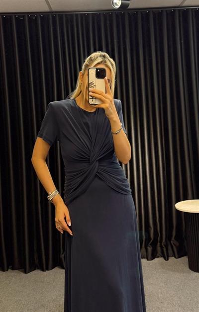 ÖNÜ DÜĞÜMLÜ VATKALI MODAL ELBİSE LACİVERT