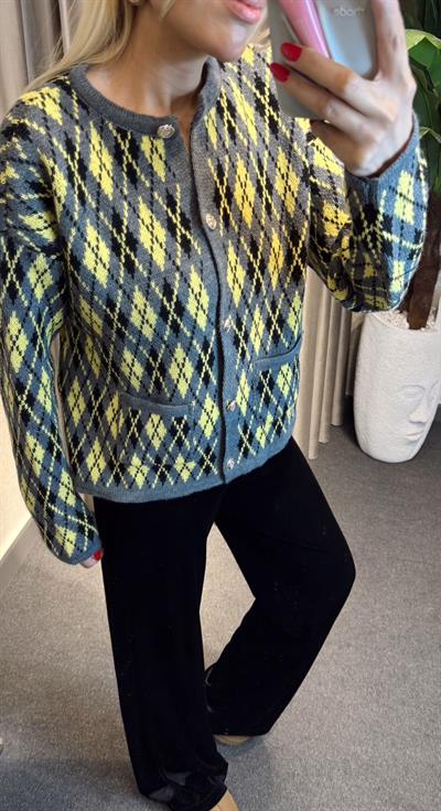 ORJ MARKA ETİKETLİ BAKLAVA DESENLİ HIRKA GRİ-SARI