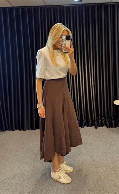 ORJ MARKA MASSİ ASİMETRİK TENSEL KUMAŞ ETEK KAHVE