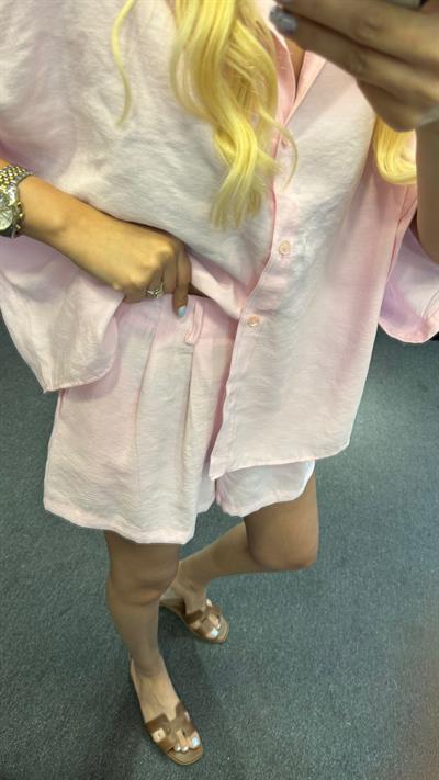 ORJ MARKA MASSİ TENSEL KISA KOL GÖMLEK ŞORT TAKIM  PEMBE