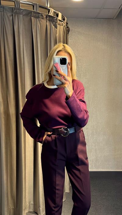 ORJ MARKA MASSİ YAKASI RENKLİ BASİC SWEAT BORDO