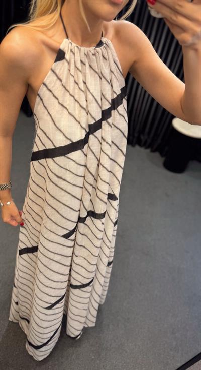 ORJ MARKA MD DESENLİ BOYUNDAN İP BAĞLAMALI ELBİSE EKRU