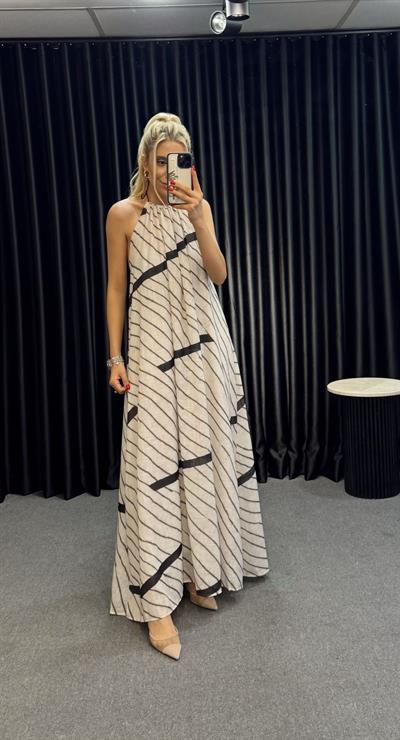 ORJ MARKA MD DESENLİ BOYUNDAN İP BAĞLAMALI ELBİSE EKRU