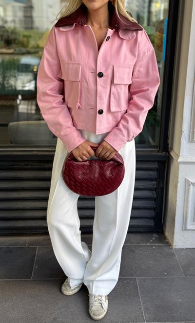 ORJ MODEL BORDO DERİ YAKA PEMBE CEKET