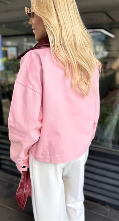 ORJ MODEL BORDO DERİ YAKA PEMBE CEKET