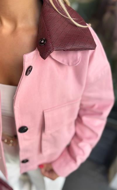 ORJ MODEL BORDO DERİ YAKA PEMBE CEKET