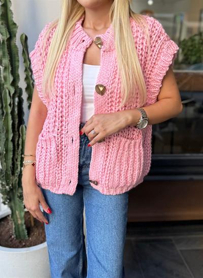 PEMBE BİSİKLET YAKA YUMUŞAK DOKULU CEPLİ DÜĞMELİ TRİKO YELEK