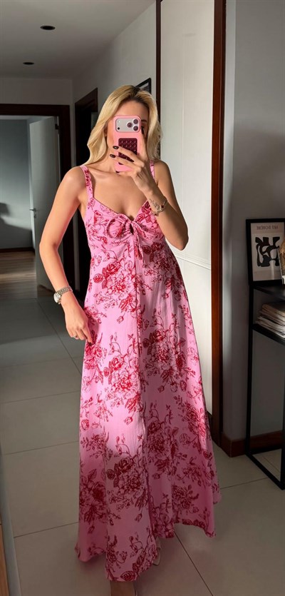 PEMBE ÇİÇEK DESENLİ MÜSLİN ELBİSE