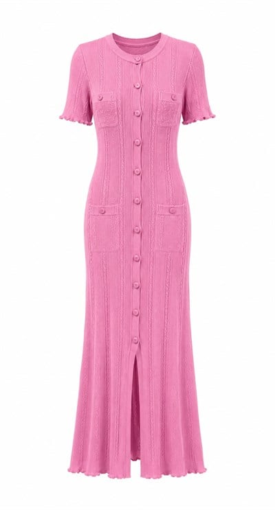 PEMBE DÜĞMELİ MAXİ TRİKO ELBİSE