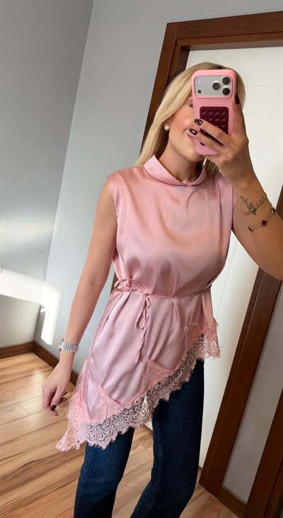PEMBE KOLSUZ DANTEL BLUZ