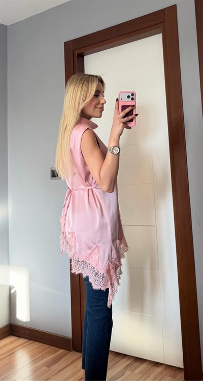PEMBE KOLSUZ DANTEL BLUZ