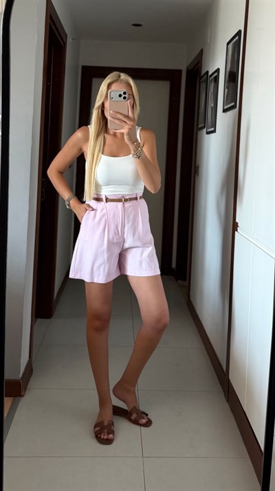 PEMBE MASSİ BELİ LASTİKLİ KEMERLİ TENSEL ŞORT