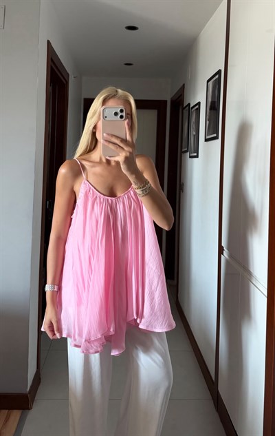 PEMBE MAVİ ZR MODEL ASKILI BLUZ