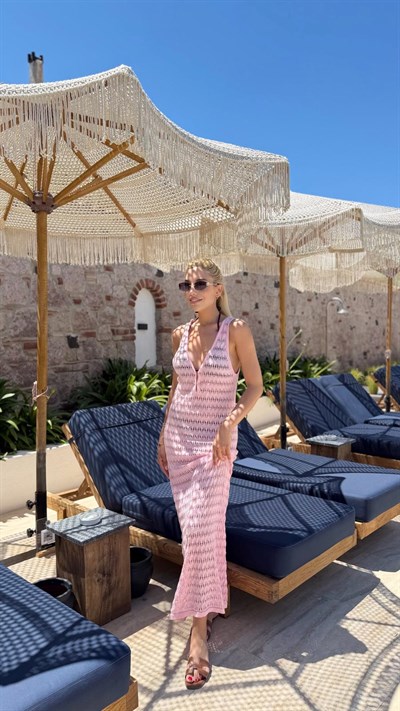PEMBE ÖNÜ KANCA DETAY BEACHWEAR ELBİSE