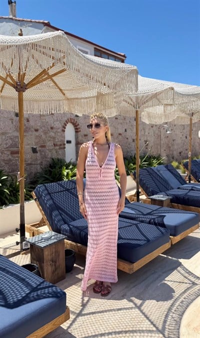 PEMBE ÖNÜ KANCA DETAY BEACHWEAR ELBİSE