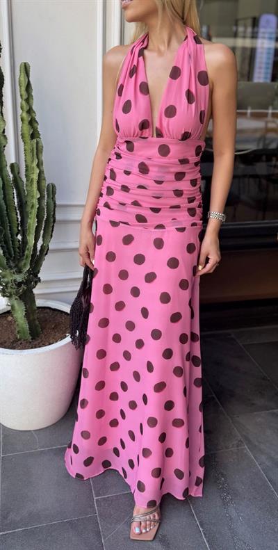 PEMBE PUANTİYELİ BOYUNDAN BAĞLAMALI ELBİSE