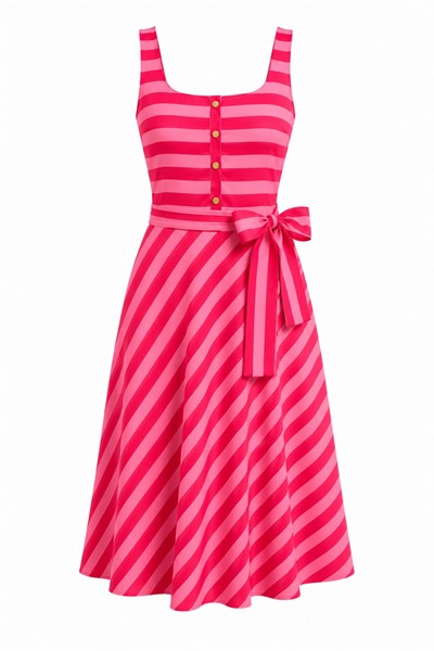 PEMBE ZR MODEL ÇİZGİLİ GOLD DÜĞMELİ KUŞAKLI ELBİSE
