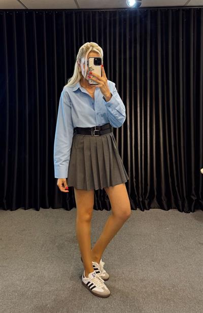 PİLELİ ÇİFT KEMERLİ ETEK GRİ