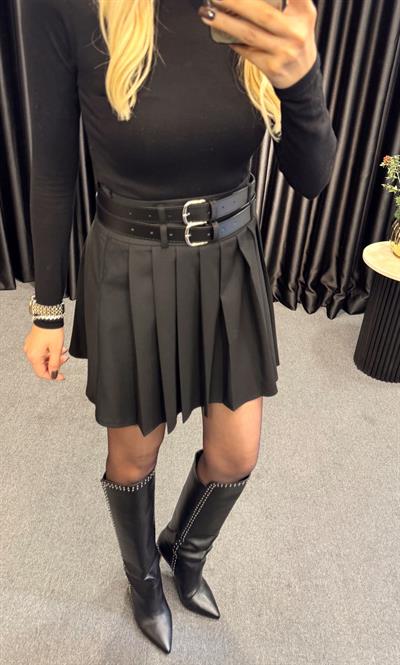 PİLELİ ÇİFT KEMERLİ ETEK SİYAH