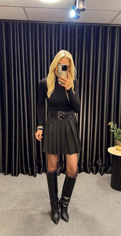 PİLELİ ÇİFT KEMERLİ ETEK SİYAH