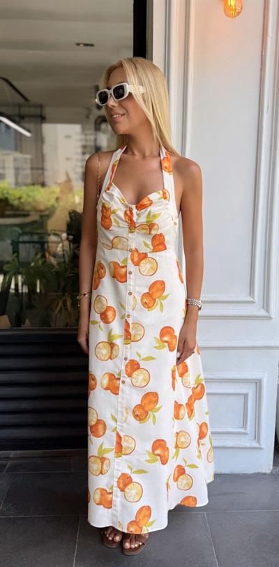 PORTAKAL DESENLİ ASTARLI ELBİSE