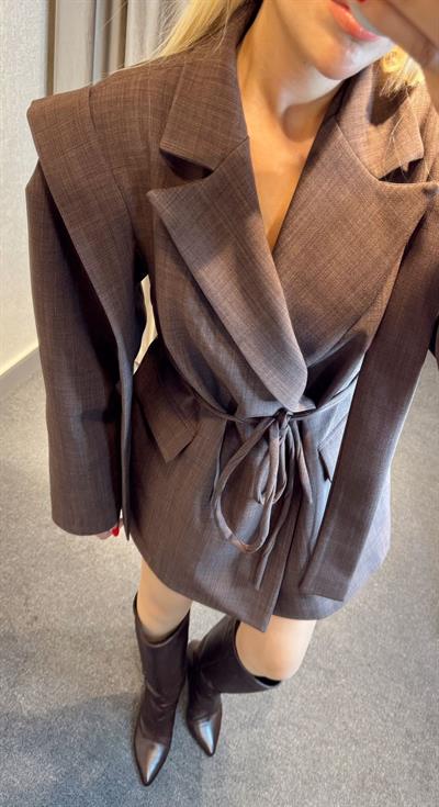 PREMİUM  BEL BAĞLAMALI BLAZER CEKET KAHVE