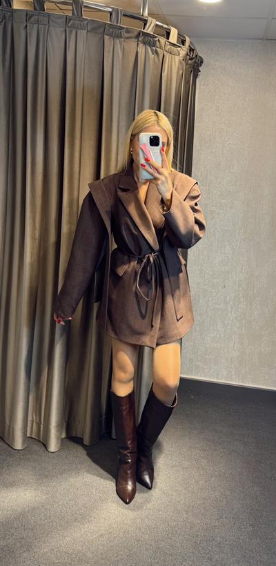 PREMİUM  BEL BAĞLAMALI BLAZER CEKET KAHVE