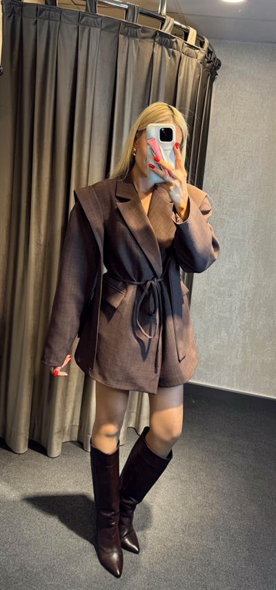 PREMİUM  BEL BAĞLAMALI BLAZER CEKET KAHVE
