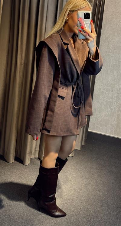 PREMİUM  BEL BAĞLAMALI BLAZER CEKET KAHVE