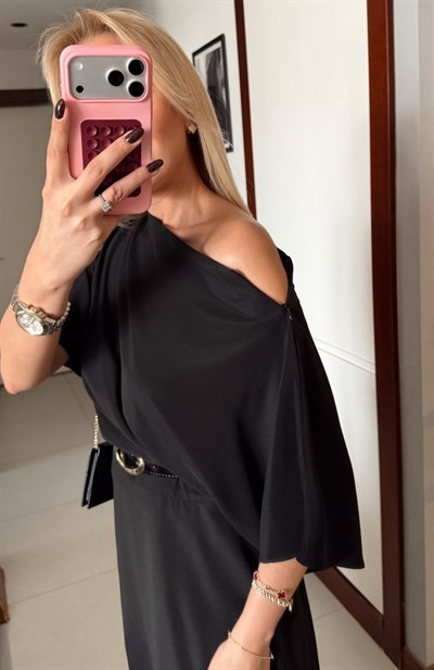 PREMİUM KEMERLİ ASİMETRİK ELBİSE