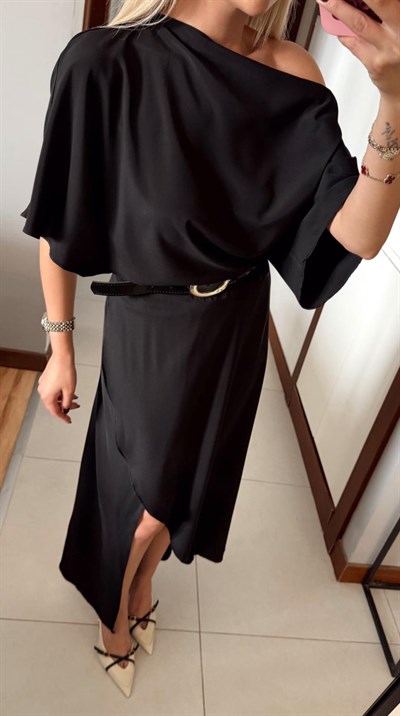 PREMİUM KEMERLİ ASİMETRİK ELBİSE