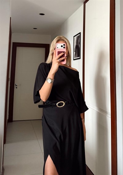 PREMİUM KEMERLİ ASİMETRİK ELBİSE