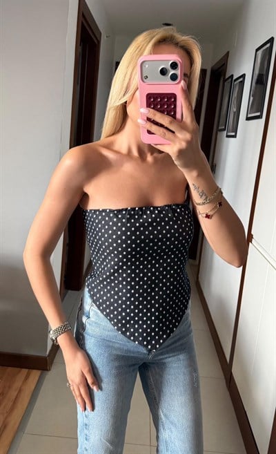 PUANTİYELİ DENİM STRAPLEZ BLUZ