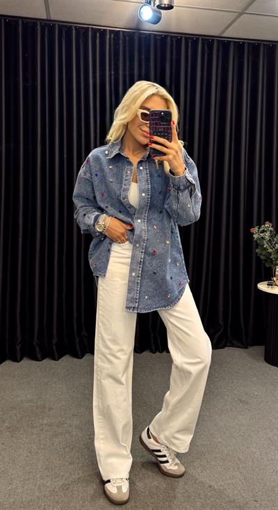 RENKLİ TAŞ BASKILI DENİM GÖMLEK MAVİ