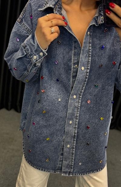 RENKLİ TAŞ BASKILI DENİM GÖMLEK MAVİ