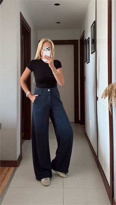 RHİN LACİVERT WİDE LEG TENSEL DENİM PANTOLON