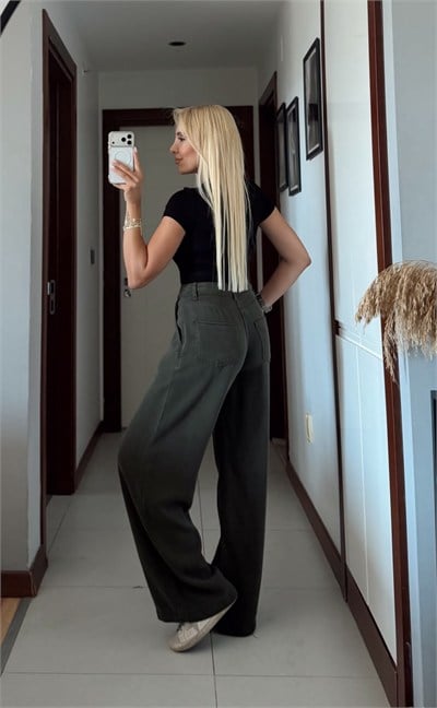 RHİN YEŞİL WİDE LEG TENSEL DENİM PANTOLON