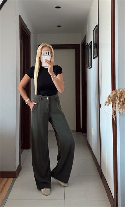 RHİN YEŞİL WİDE LEG TENSEL DENİM PANTOLON